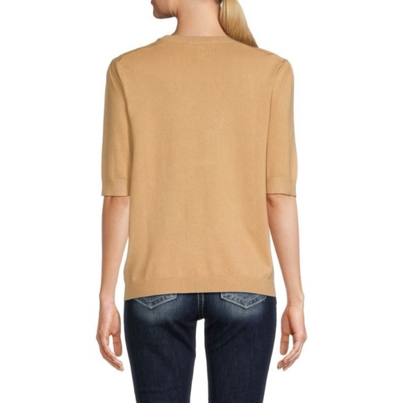 NEW Ellen Tracy Faux Leather Trim V-Neck Sweater in Sand - Picture 5 of 14